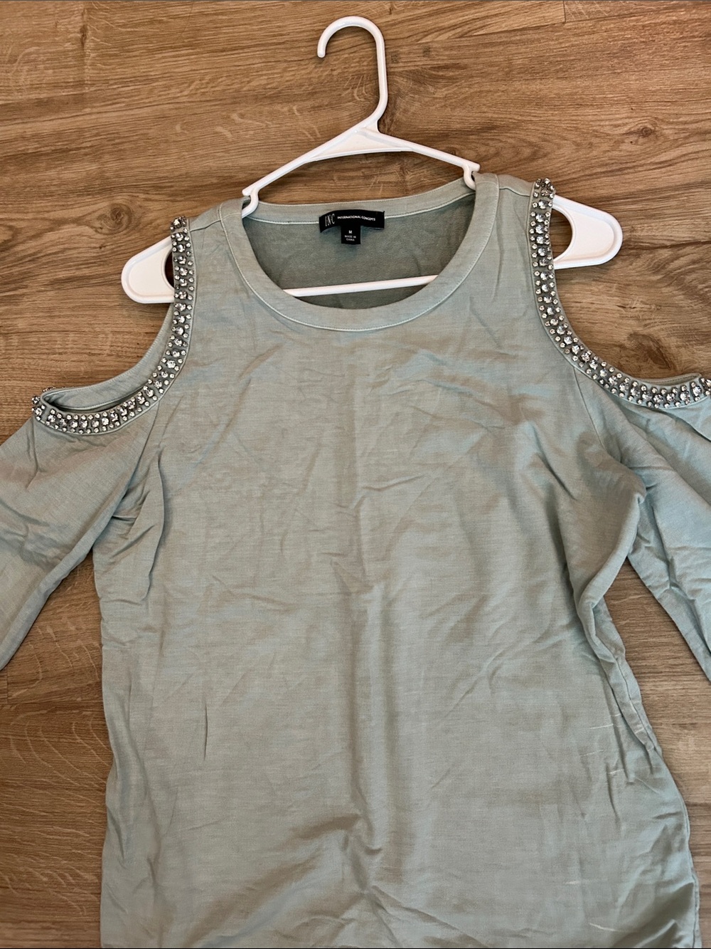 INC International Concepts Sage Green Bejeweled Cold-Shoulder Top Worn once